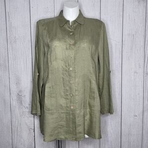 Soft Surroundings "Island Breeze" Olive Linen Tunic Top Roll Tab Sleeves, sz 1X